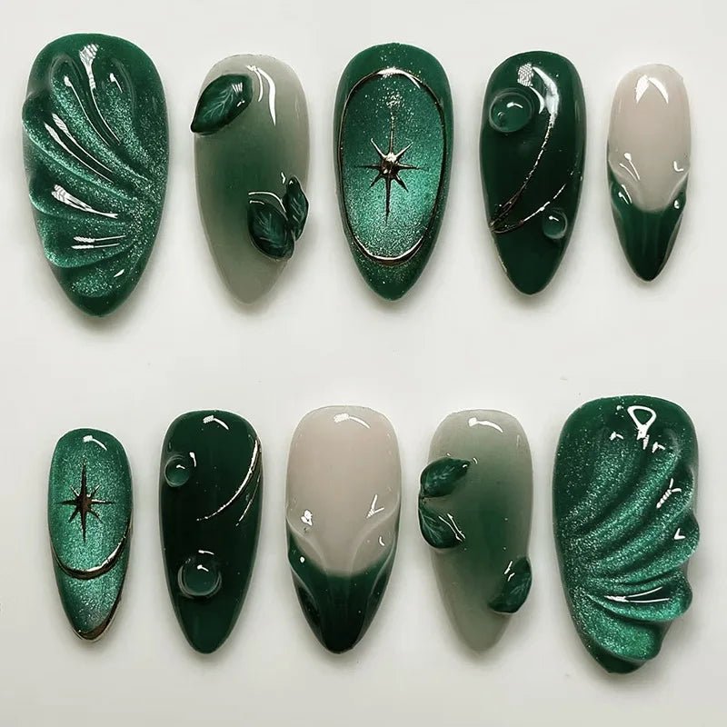 24Pcs 3D Green Ripple Design False Nails Cat's Eye French Almond Fake Nail Tips Leaves Pattern Removable Oval Press on Nails - Hands of Hope