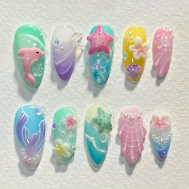 24Pcs 3D Green Ripple Design False Nails Cat's Eye French Almond Fake Nail Tips Leaves Pattern Removable Oval Press on Nails - Hands of Hope
