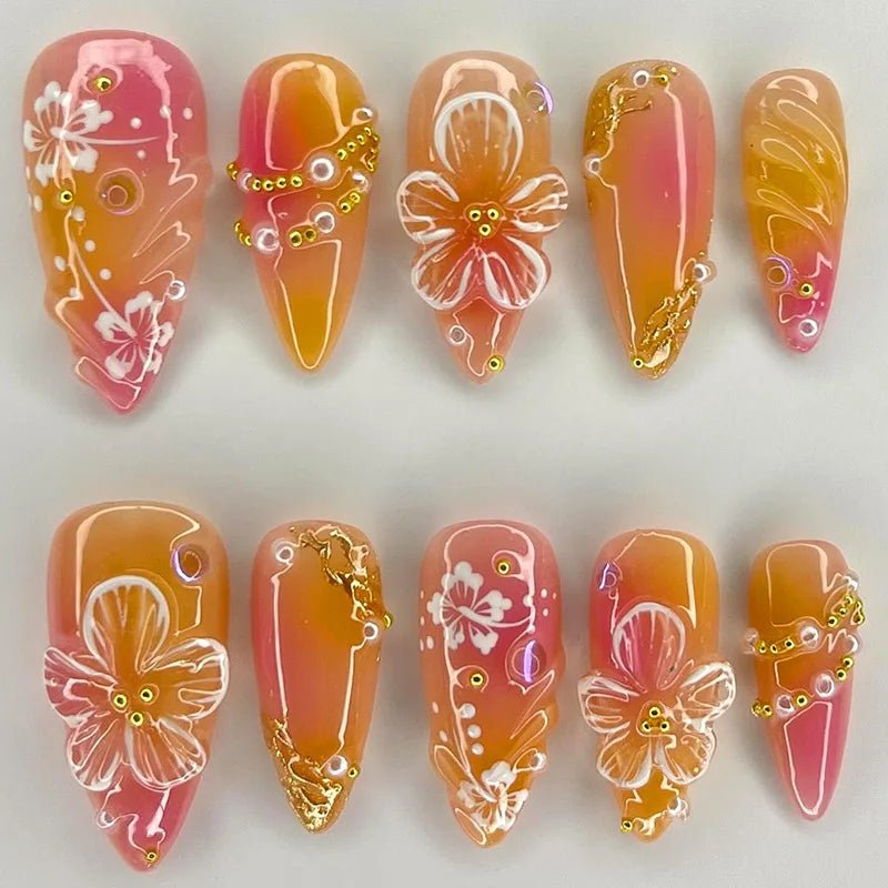 24Pcs 3D Green Ripple Design False Nails Cat's Eye French Almond Fake Nail Tips Leaves Pattern Removable Oval Press on Nails - Hands of Hope
