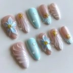 24Pcs 3D Green Ripple Design False Nails Cat's Eye French Almond Fake Nail Tips Leaves Pattern Removable Oval Press on Nails - Hands of Hope