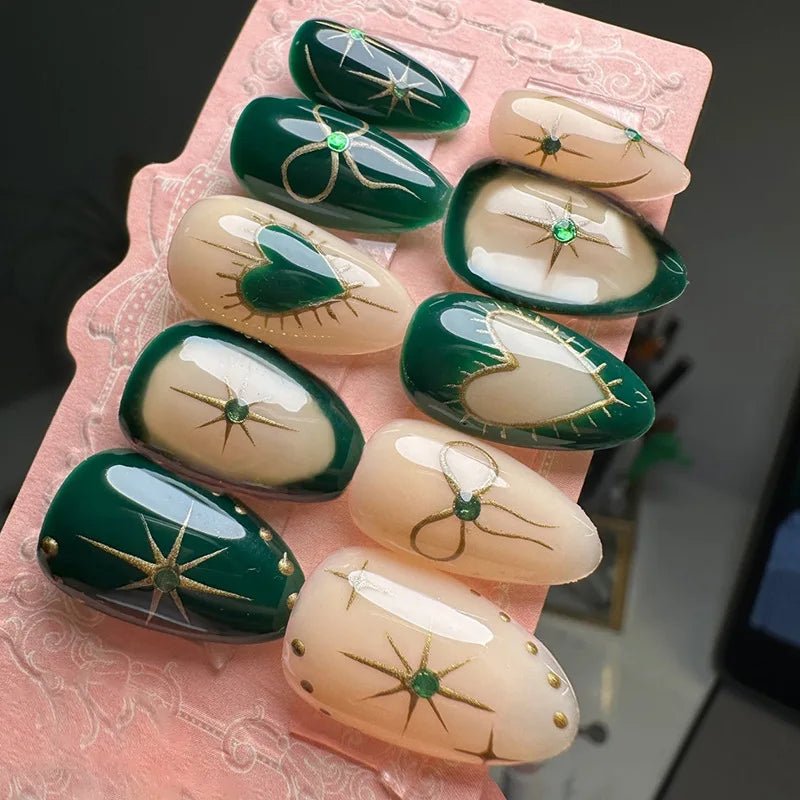 24Pcs 3D Green Ripple Design False Nails Cat's Eye French Almond Fake Nail Tips Leaves Pattern Removable Oval Press on Nails - Hands of Hope