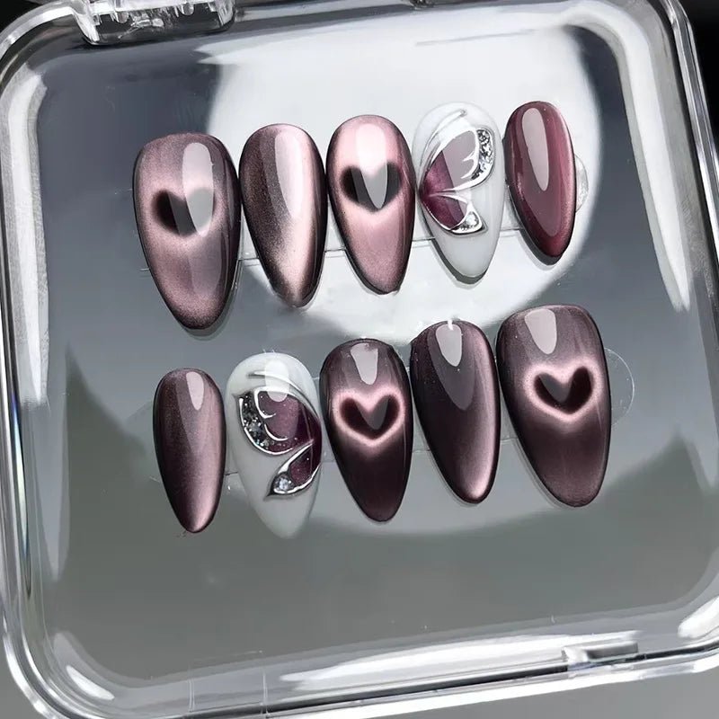 24Pcs 3D Green Ripple Design False Nails Cat's Eye French Almond Fake Nail Tips Leaves Pattern Removable Oval Press on Nails - Hands of Hope