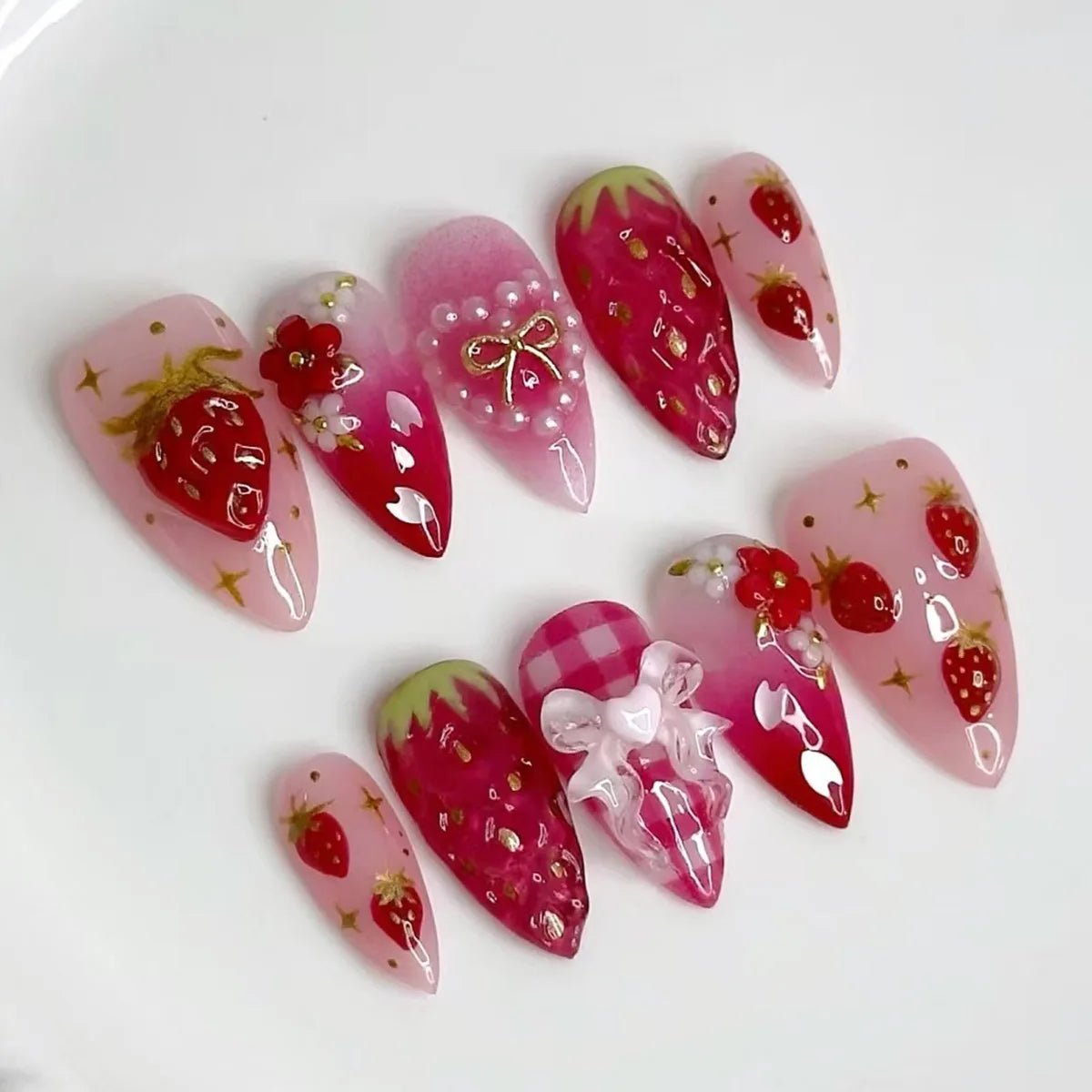 24PCS 3D Sweet Pink Flower Almond Press on False Nails with Yellow French Diamonds Fake Nails Artificial Wearable Tips with Glue - Hands of Hope