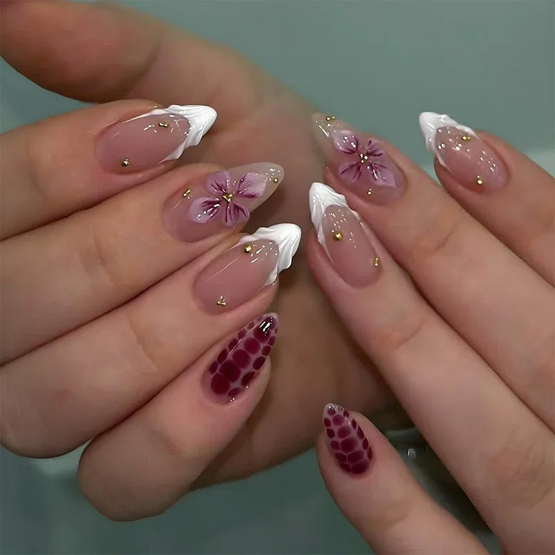24PCS 3D Sweet Pink Flower Almond Press on False Nails with Yellow French Diamonds Fake Nails Artificial Wearable Tips with Glue - Hands of Hope