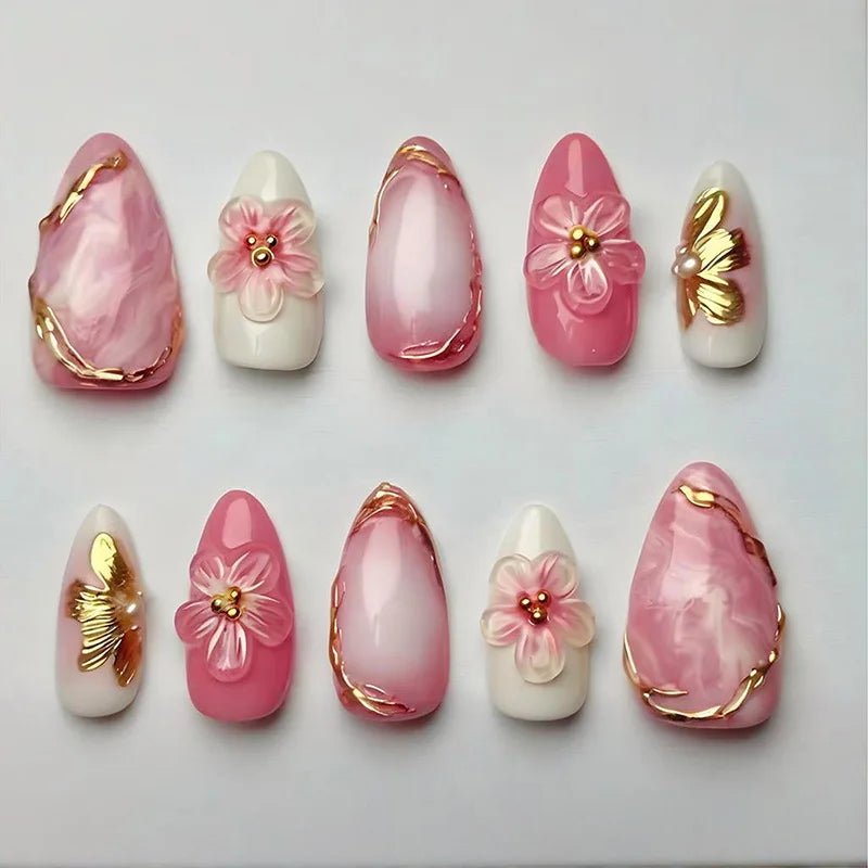 24PCS 3D Sweet Pink Flower Almond Press on False Nails with Yellow French Diamonds Fake Nails Artificial Wearable Tips with Glue - Hands of Hope