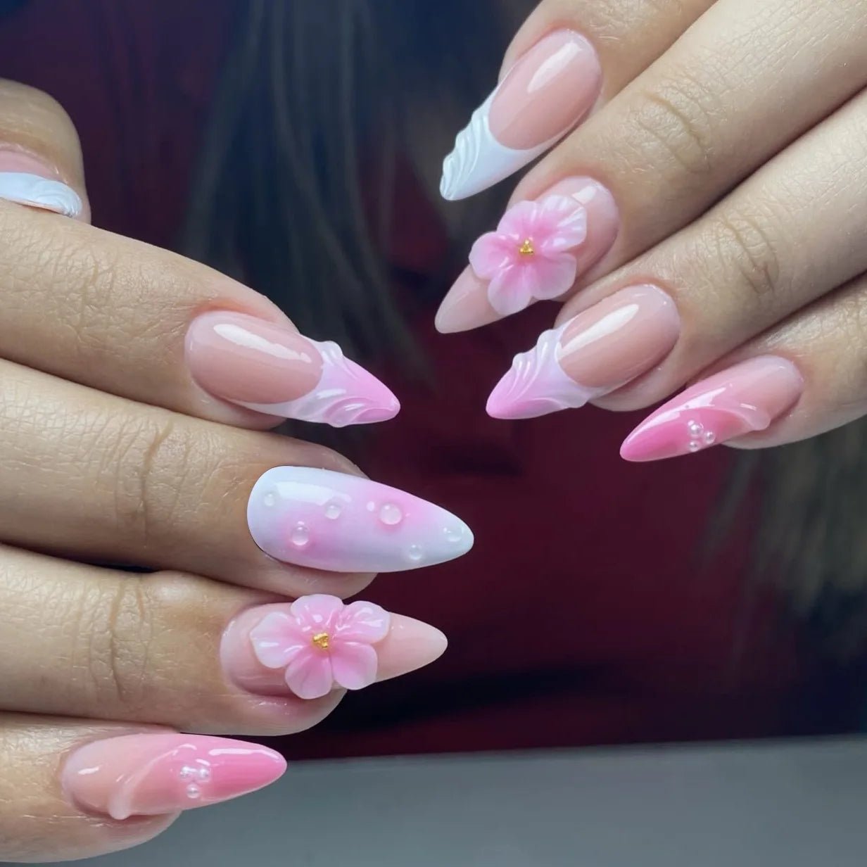 24PCS 3D Sweet Pink Flower Almond Press on False Nails with Yellow French Diamonds Fake Nails Artificial Wearable Tips with Glue - Hands of Hope