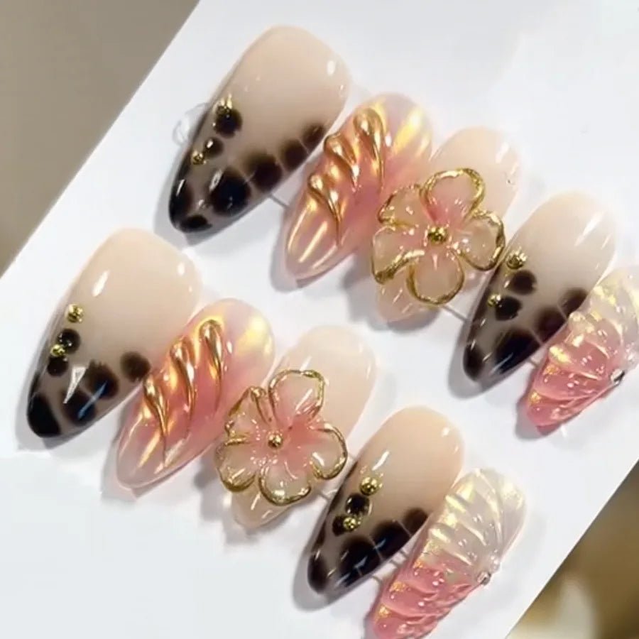 24PCS 3D Sweet Pink Flower Almond Press on False Nails with Yellow French Diamonds Fake Nails Artificial Wearable Tips with Glue - Hands of Hope