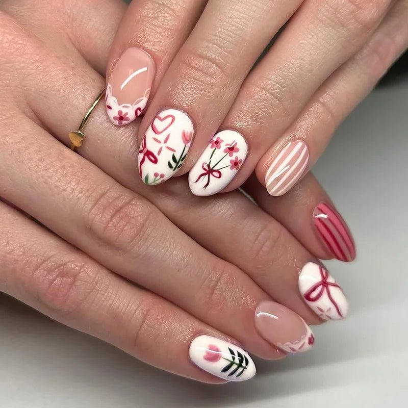 24PCS 3D Sweet Pink Flower Almond Press on False Nails with Yellow French Diamonds Fake Nails Artificial Wearable Tips with Glue - Hands of Hope