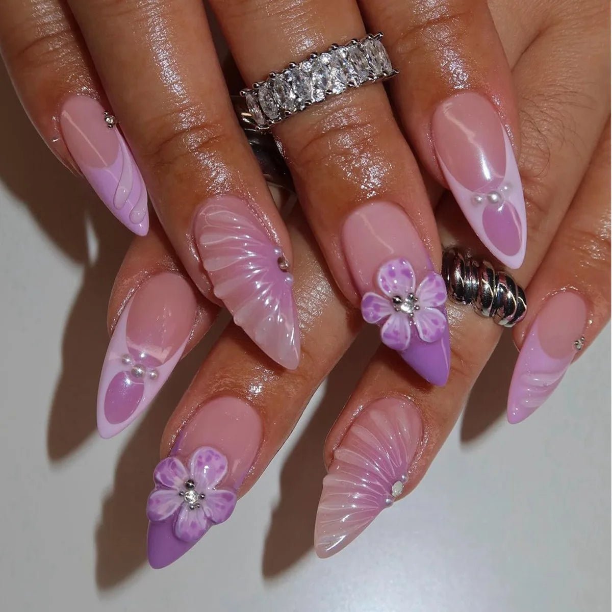 24PCS 3D Sweet Pink Flower Almond Press on False Nails with Yellow French Diamonds Fake Nails Artificial Wearable Tips with Glue - Hands of Hope