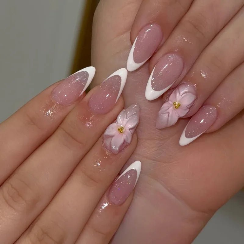 24PCS 3D Sweet Pink Flower Almond Press on False Nails with Yellow French Diamonds Fake Nails Artificial Wearable Tips with Glue - Hands of Hope