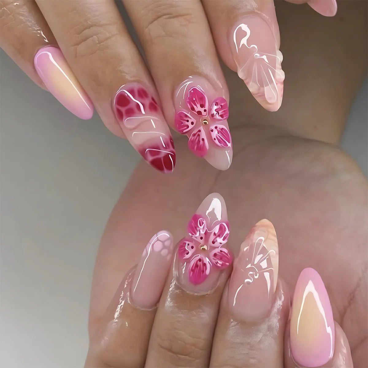 24PCS 3D Sweet Pink Flower Almond Press on False Nails with Yellow French Diamonds Fake Nails Artificial Wearable Tips with Glue - Hands of Hope