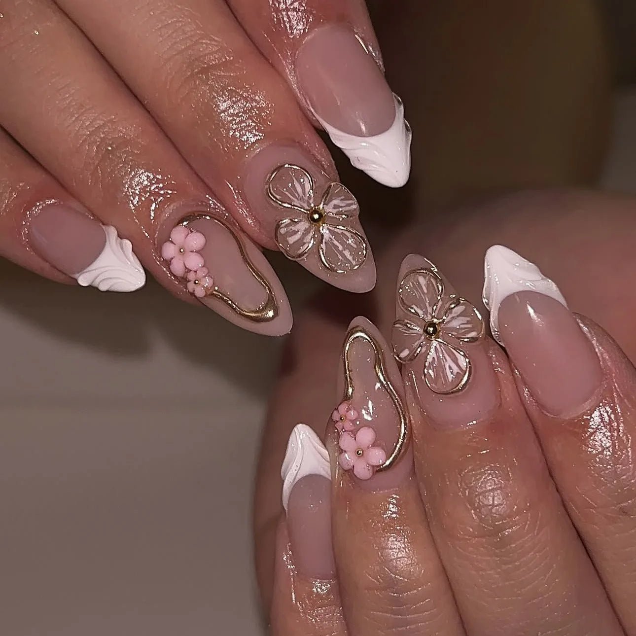24PCS 3D Sweet Pink Flower Almond Press on False Nails with Yellow French Diamonds Fake Nails Artificial Wearable Tips with Glue - Hands of Hope