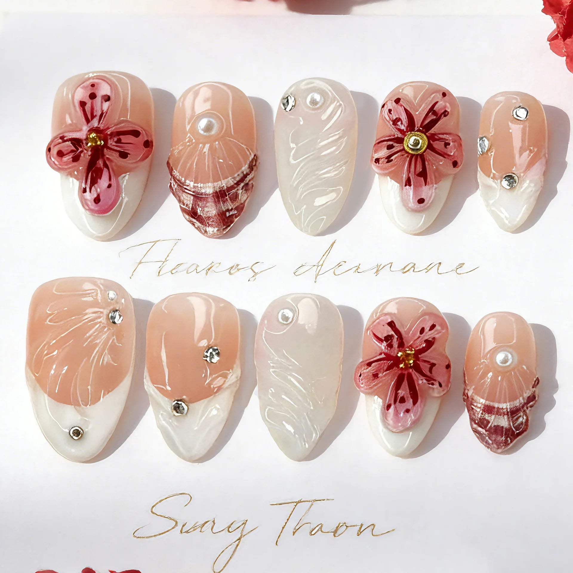 24PCS 3D Sweet Pink Flower Almond Press on False Nails with Yellow French Diamonds Fake Nails Artificial Wearable Tips with Glue - Hands of Hope