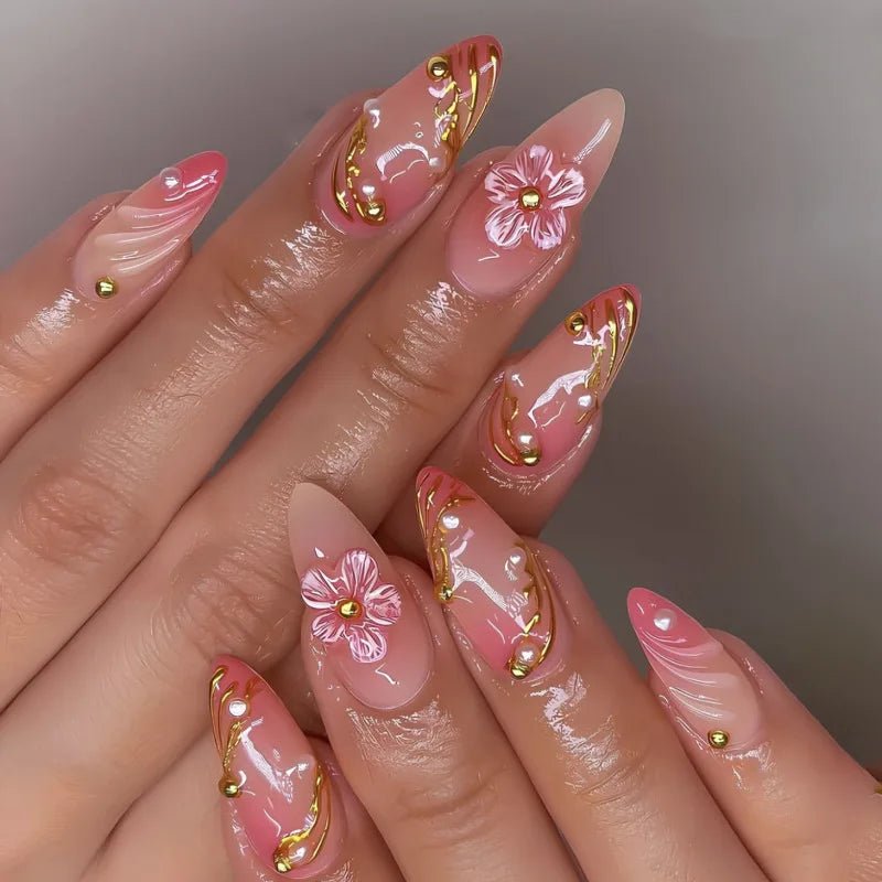 24PCS 3D Sweet Pink Flower Almond Press on False Nails with Yellow French Diamonds Fake Nails Artificial Wearable Tips with Glue - Hands of Hope