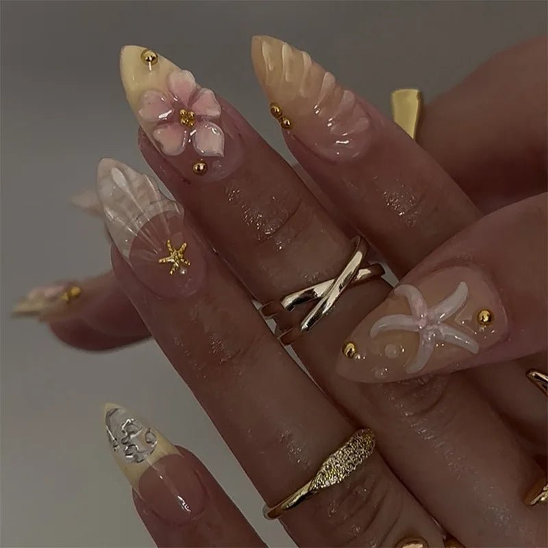 24PCS 3D Sweet Pink Flower Almond Press on False Nails with Yellow French Diamonds Fake Nails Artificial Wearable Tips with Glue - Hands of Hope