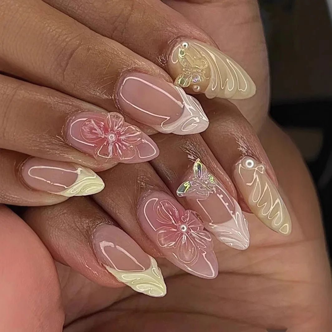 24PCS 3D Sweet Pink Flower Almond Press on False Nails with Yellow French Diamonds Fake Nails Artificial Wearable Tips with Glue - Hands of Hope