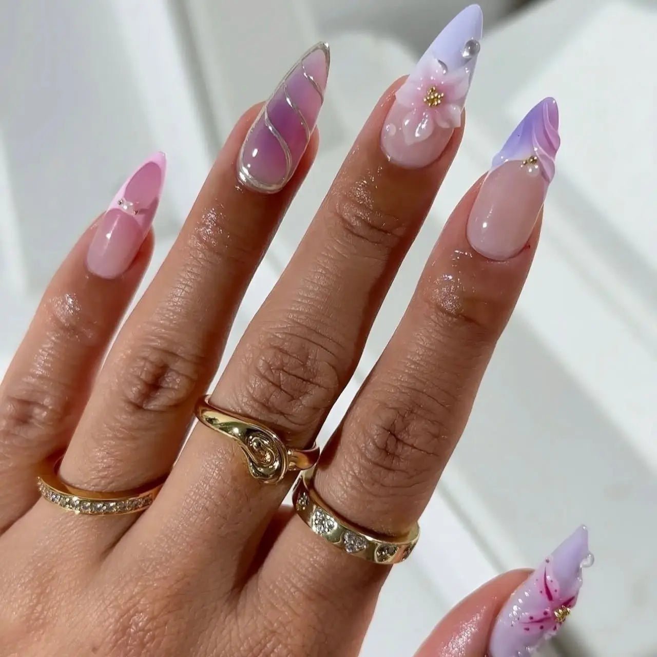 24PCS 3D Sweet Pink Flower Almond Press on False Nails with Yellow French Diamonds Fake Nails Artificial Wearable Tips with Glue - Hands of Hope