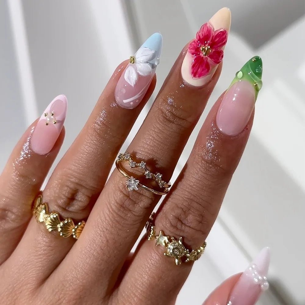 24PCS 3D Sweet Pink Flower Almond Press on False Nails with Yellow French Diamonds Fake Nails Artificial Wearable Tips with Glue - Hands of Hope