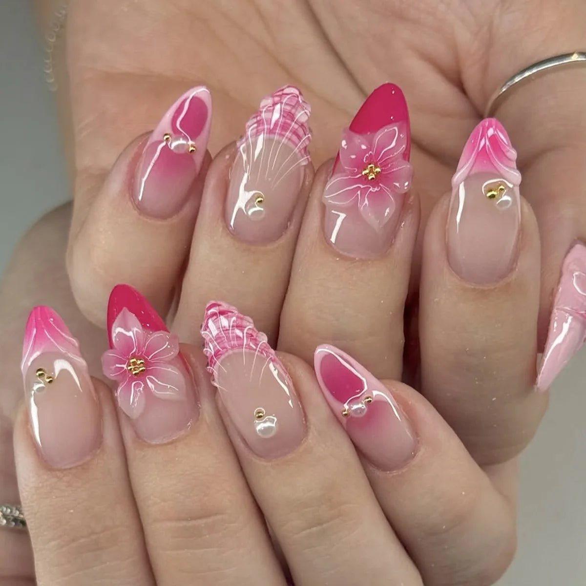 24PCS 3D Sweet Pink Flower Almond Press on False Nails with Yellow French Diamonds Fake Nails Artificial Wearable Tips with Glue - Hands of Hope