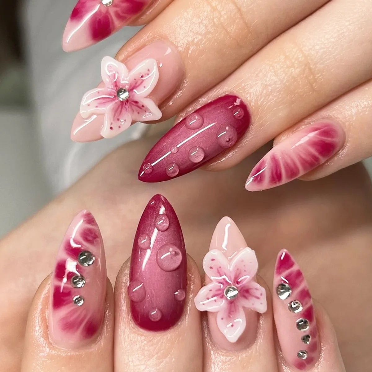 24PCS 3D Sweet Pink Flower Almond Press on False Nails with Yellow French Diamonds Fake Nails Artificial Wearable Tips with Glue - Hands of Hope
