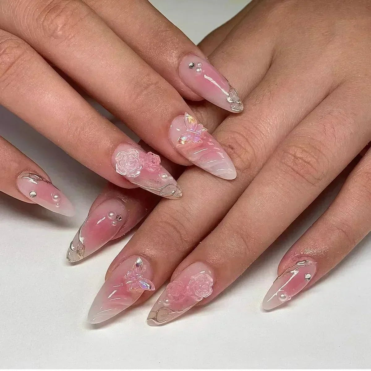 24Pcs Almond False Nails Cute Strawberries with French Design Simple White Wearable Fake Nails Decoration Press on Nail Tips Art - Hands of Hope