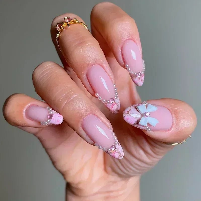 24Pcs Almond False Nails Cute Strawberries with French Design Simple White Wearable Fake Nails Decoration Press on Nail Tips Art - Hands of Hope