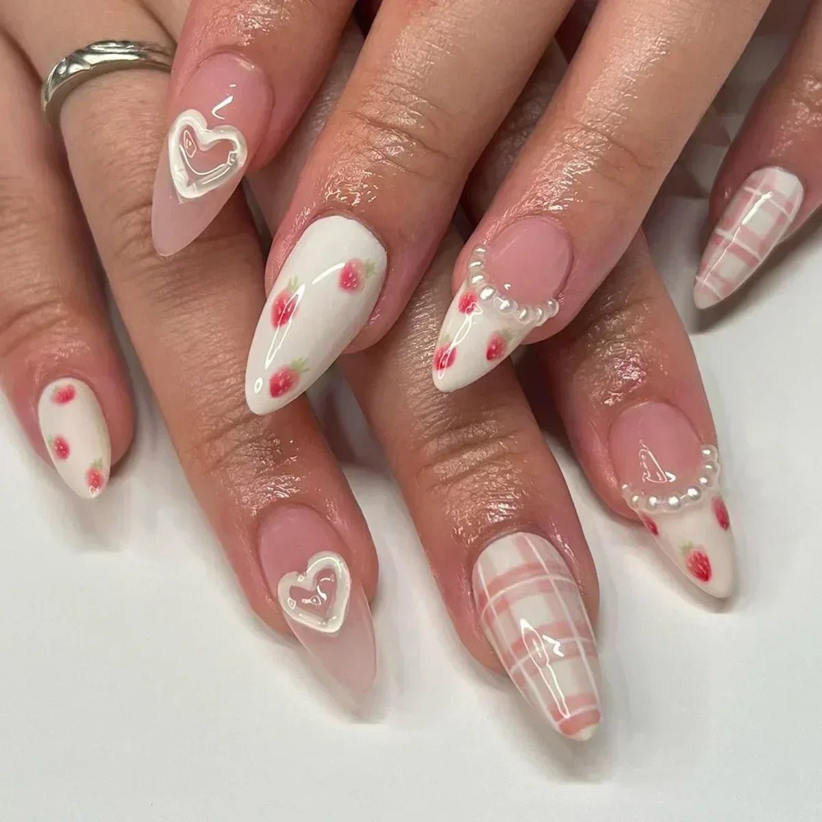 24Pcs Almond False Nails Cute Strawberries with French Design Simple White Wearable Fake Nails Decoration Press on Nail Tips Art - Hands of Hope