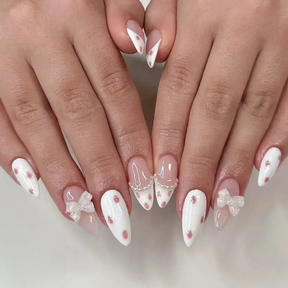 24Pcs Almond False Nails Cute Strawberries with French Design Simple White Wearable Fake Nails Decoration Press on Nail Tips Art - Hands of Hope