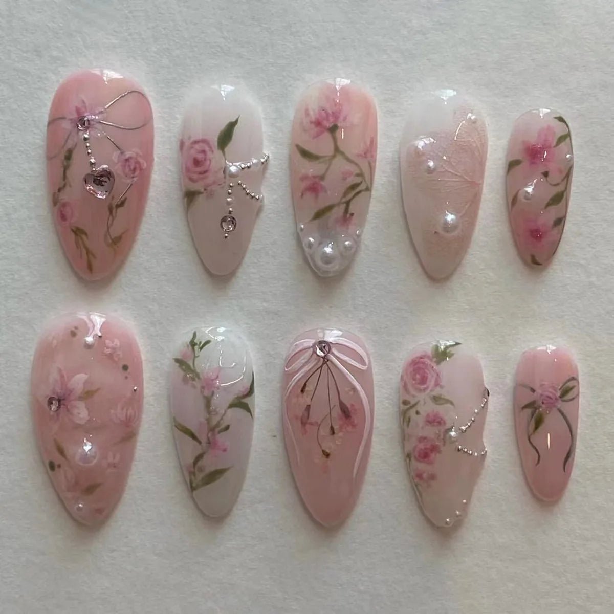 24pcs Almond False Nails Tips Summer Beach Colorful Nails Sets with Pearl Flower Design Press on Nails Art Wearable Fake Nail - Hands of Hope