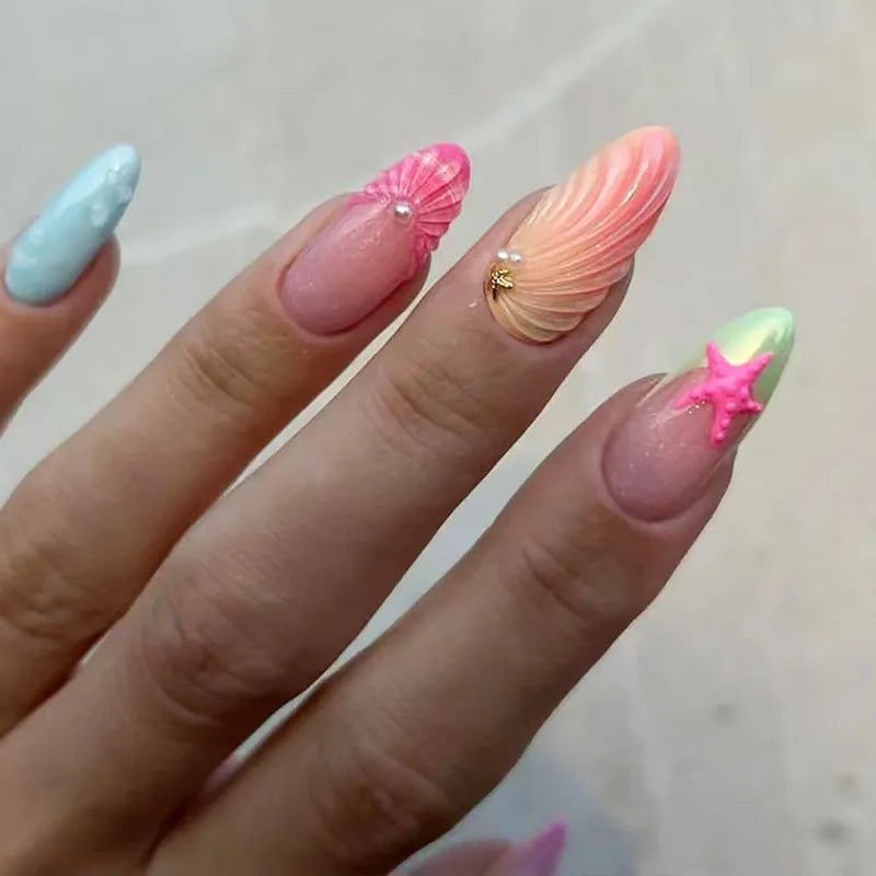 24pcs Almond False Nails Tips Summer Beach Colorful Nails Sets with Pearl Flower Design Press on Nails Art Wearable Fake Nail - Hands of Hope
