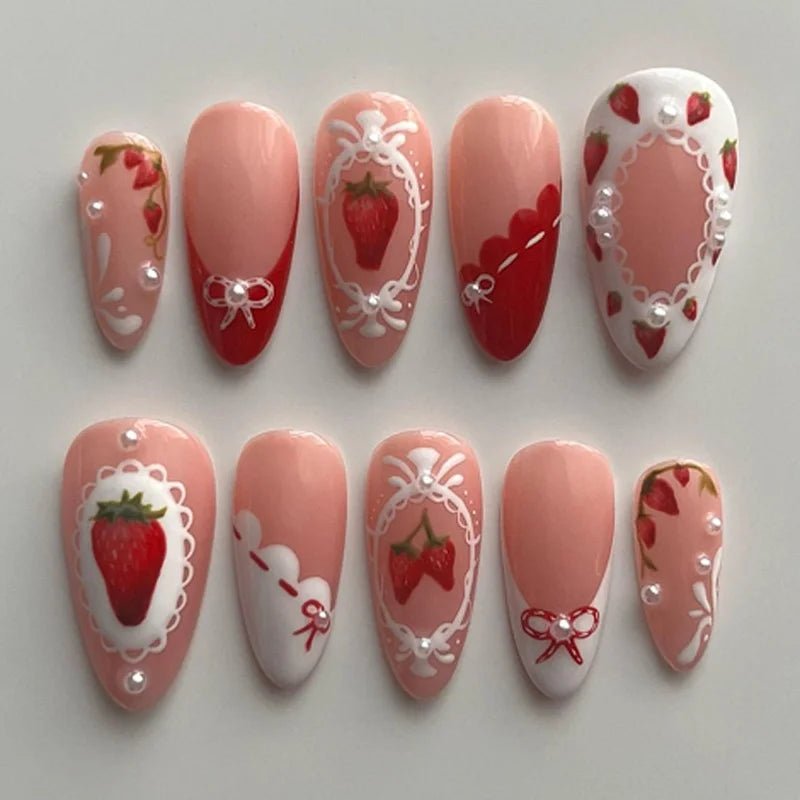 24pcs Almond False Nails Tips Summer Beach Colorful Nails Sets with Pearl Flower Design Press on Nails Art Wearable Fake Nail - Hands of Hope