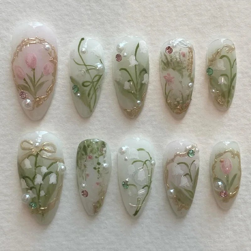 24pcs Almond False Nails Tips Summer Beach Colorful Nails Sets with Pearl Flower Design Press on Nails Art Wearable Fake Nail - Hands of Hope