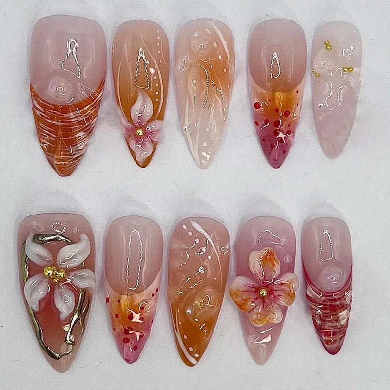 24pcs Almond False Nails Tips Summer Beach Colorful Nails Sets with Pearl Flower Design Press on Nails Art Wearable Fake Nail - Hands of Hope