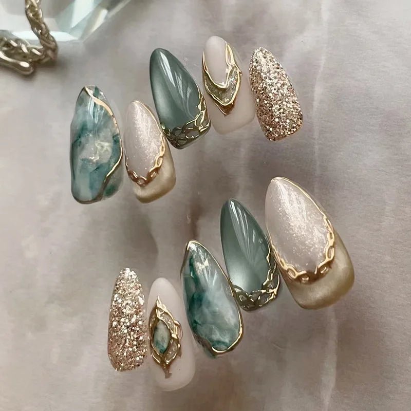 24pcs Almond False Nails Tips Summer Beach Colorful Nails Sets with Pearl Flower Design Press on Nails Art Wearable Fake Nail - Hands of Hope