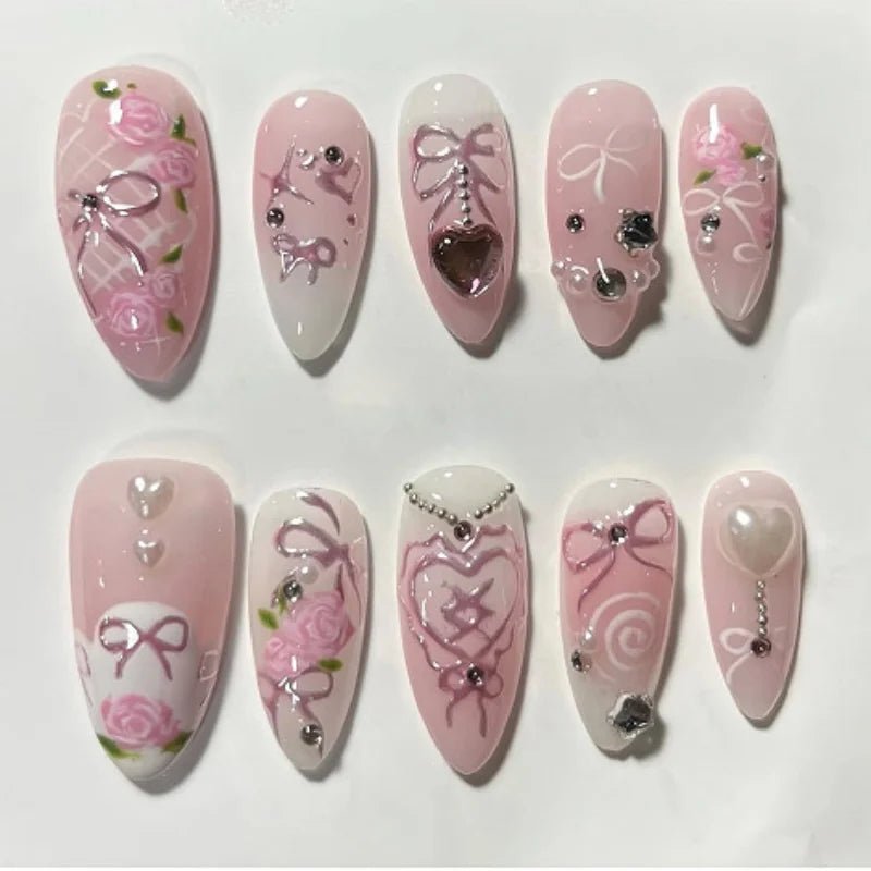 24pcs Almond False Nails Tips Summer Beach Colorful Nails Sets with Pearl Flower Design Press on Nails Art Wearable Fake Nail - Hands of Hope