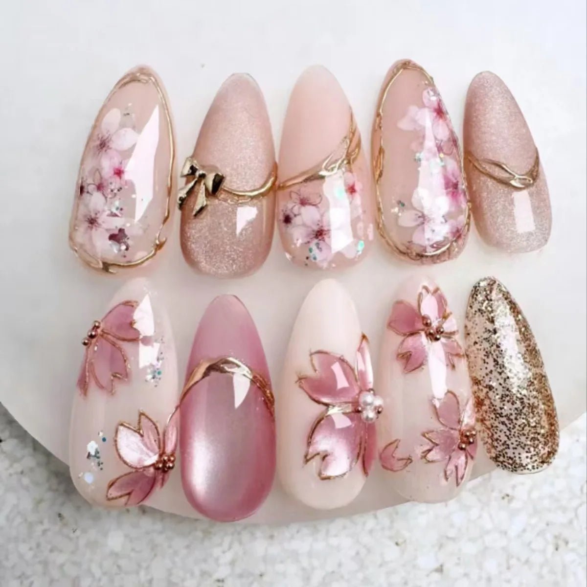 24pcs Almond False Nails Tips Summer Beach Colorful Nails Sets with Pearl Flower Design Press on Nails Art Wearable Fake Nail - Hands of Hope