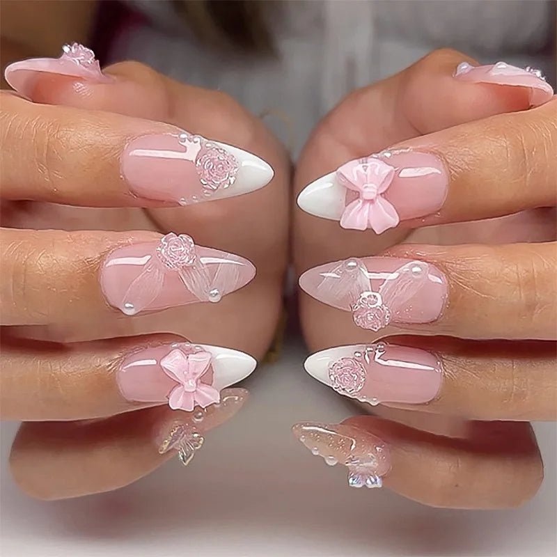 24pcs Almond False Nails Tips Summer Beach Colorful Nails Sets with Pearl Flower Design Press on Nails Art Wearable Fake Nail - Hands of Hope