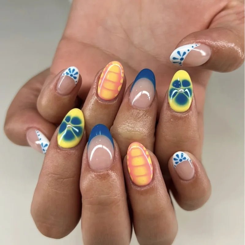 24pcs Almond False Nails Tips Summer Beach Colorful Nails Sets with Pearl Flower Design Press on Nails Art Wearable Fake Nail - Hands of Hope