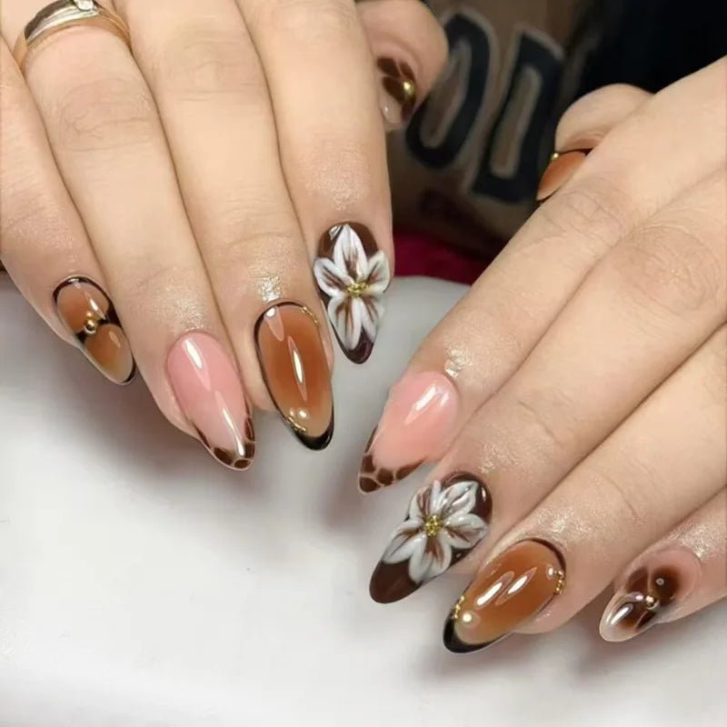 24pcs Almond False Nails Tips Summer Beach Colorful Nails Sets with Pearl Flower Design Press on Nails Art Wearable Fake Nail - Hands of Hope