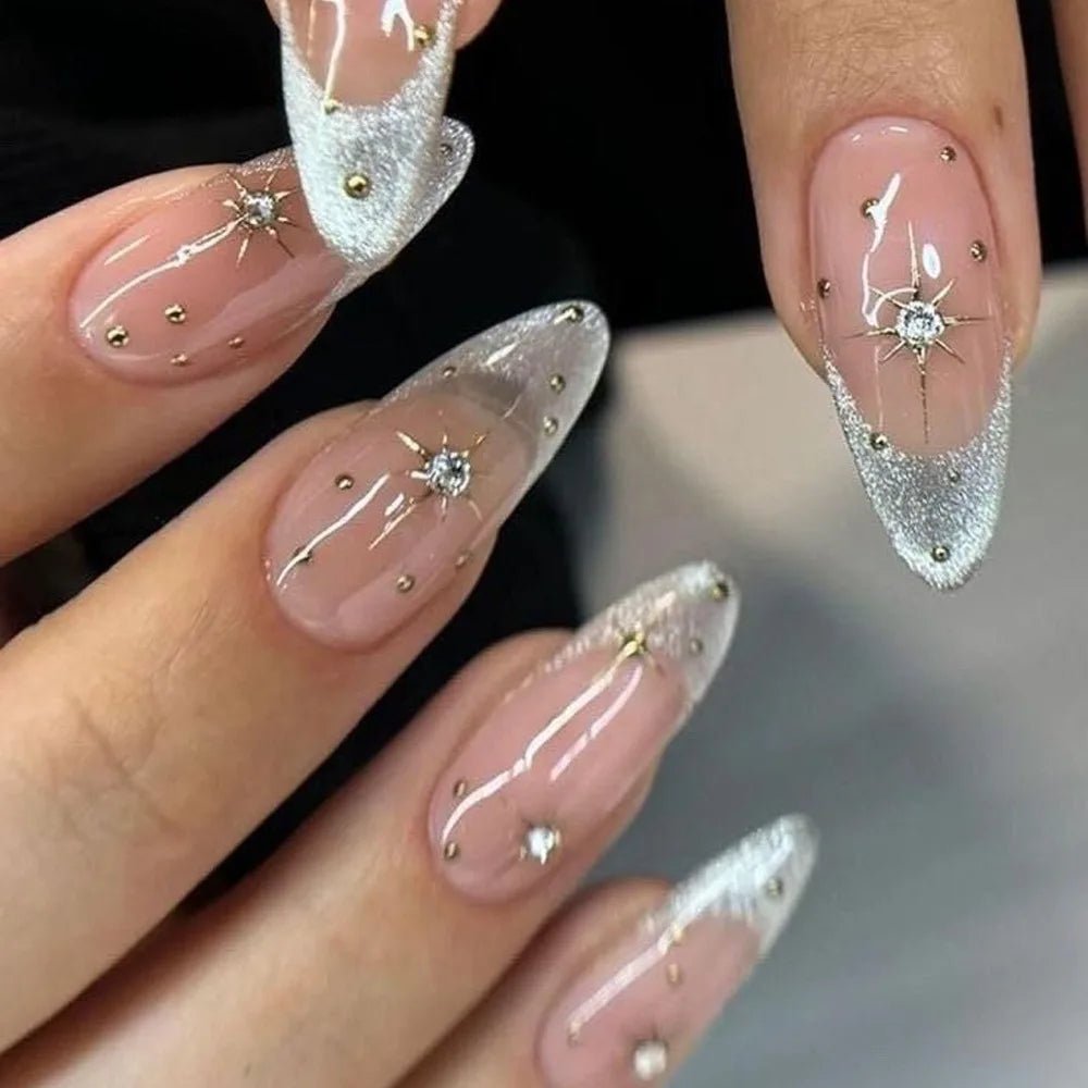 24Pcs Almond Pure Handmade Press On Nails Full Cover Butterfly French Pearl Diamond False Nails Wearable Manicure Nail Tips Art - Hands of Hope