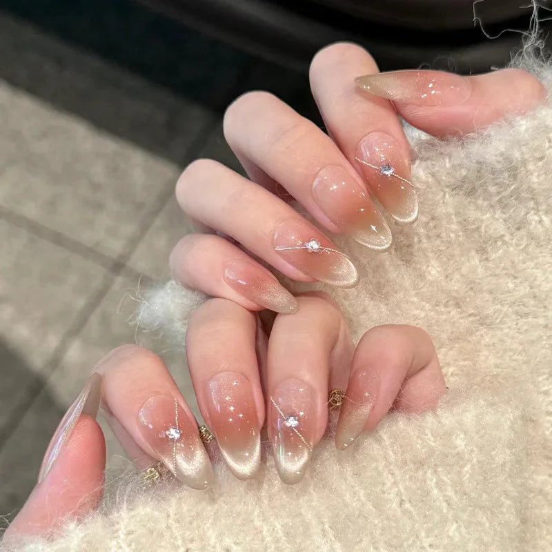 24Pcs Almond Pure Handmade Press On Nails Full Cover Butterfly French Pearl Diamond False Nails Wearable Manicure Nail Tips Art - Hands of Hope