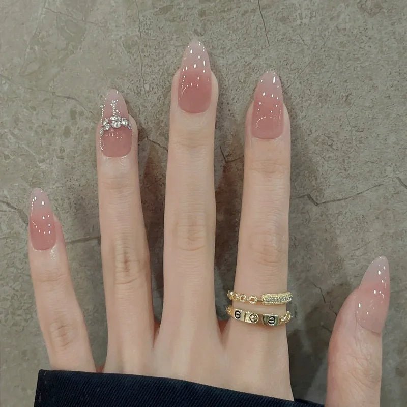 24Pcs Almond Pure Handmade Press On Nails Full Cover Butterfly French Pearl Diamond False Nails Wearable Manicure Nail Tips Art - Hands of Hope