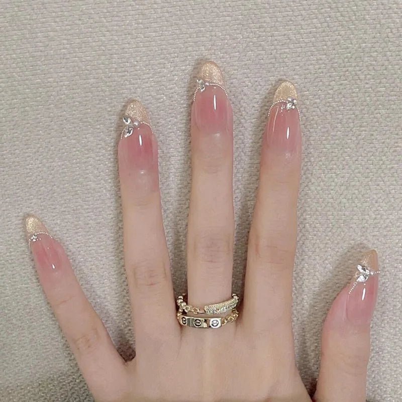 24Pcs Almond Pure Handmade Press On Nails Full Cover Butterfly French Pearl Diamond False Nails Wearable Manicure Nail Tips Art - Hands of Hope