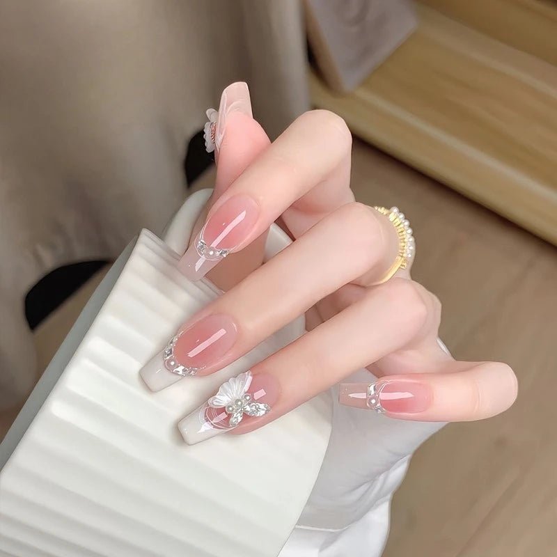 24Pcs Almond Pure Handmade Press On Nails Full Cover Butterfly French Pearl Diamond False Nails Wearable Manicure Nail Tips Art - Hands of Hope
