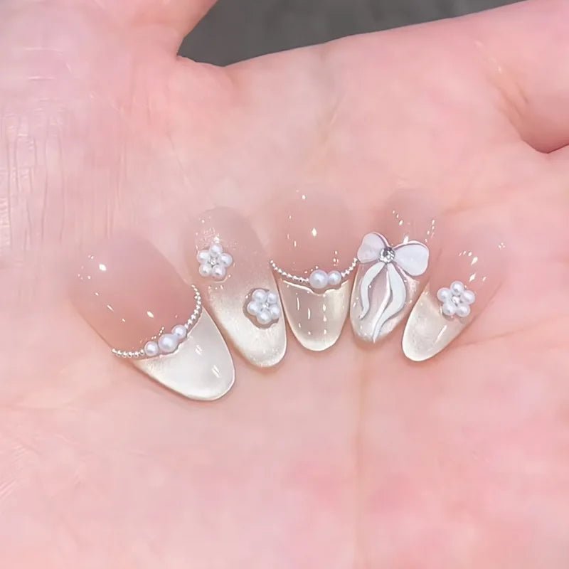 24Pcs Almond Pure Handmade Press On Nails Full Cover Butterfly French Pearl Diamond False Nails Wearable Manicure Nail Tips Art - Hands of Hope