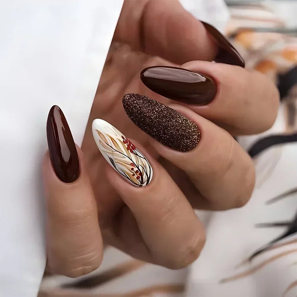24Pcs Autumn Winter Matte Almond False Nails with Glue Rose Leaf Printing Nail Art Simple Full Cover Press on Acrylic Nails Tips - Hands of Hope