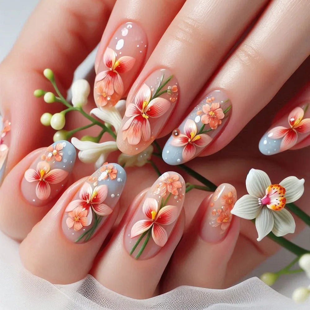 24Pcs Autumn Winter Matte Almond False Nails with Glue Rose Leaf Printing Nail Art Simple Full Cover Press on Acrylic Nails Tips - Hands of Hope