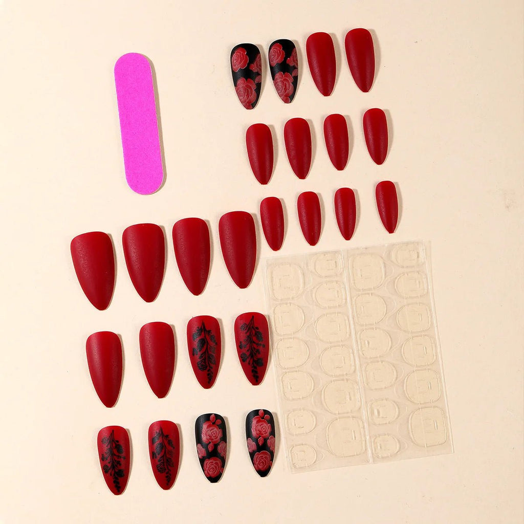 24Pcs Autumn Winter Matte Almond False Nails with Glue Rose Leaf Printing Nail Art Simple Full Cover Press on Acrylic Nails Tips - Hands of Hope
