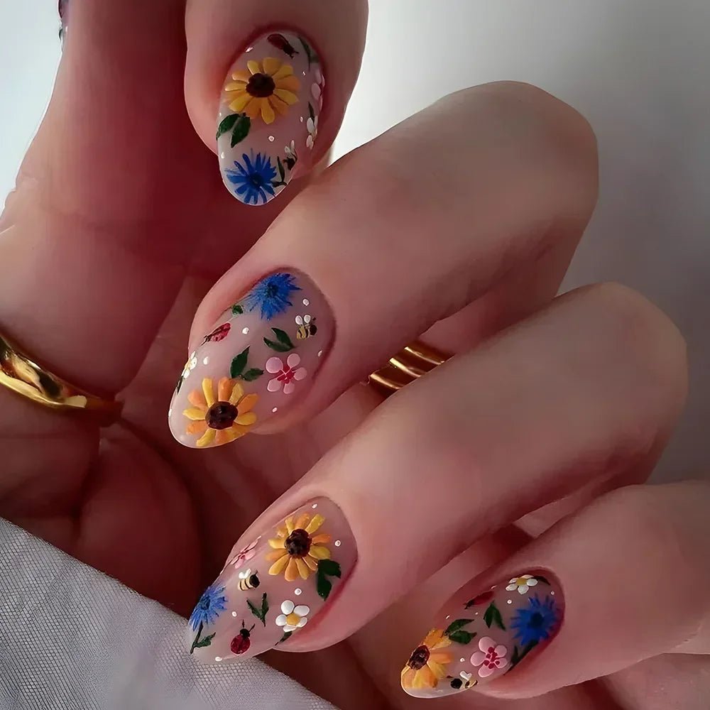 24Pcs Autumn Winter Matte Almond False Nails with Glue Rose Leaf Printing Nail Art Simple Full Cover Press on Acrylic Nails Tips - Hands of Hope