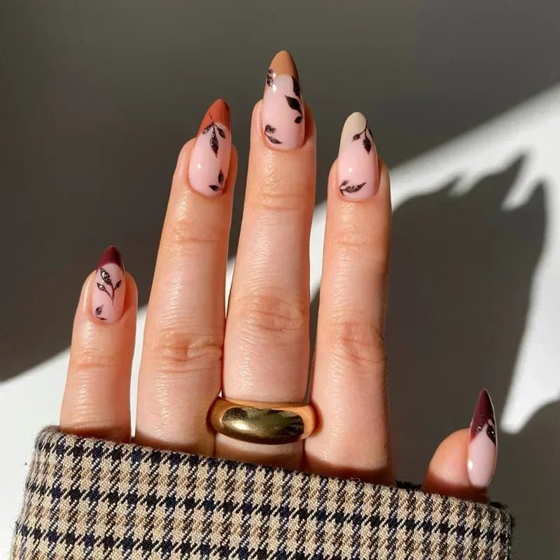 24Pcs Autumn Winter Matte Almond False Nails with Glue Rose Leaf Printing Nail Art Simple Full Cover Press on Acrylic Nails Tips - Hands of Hope